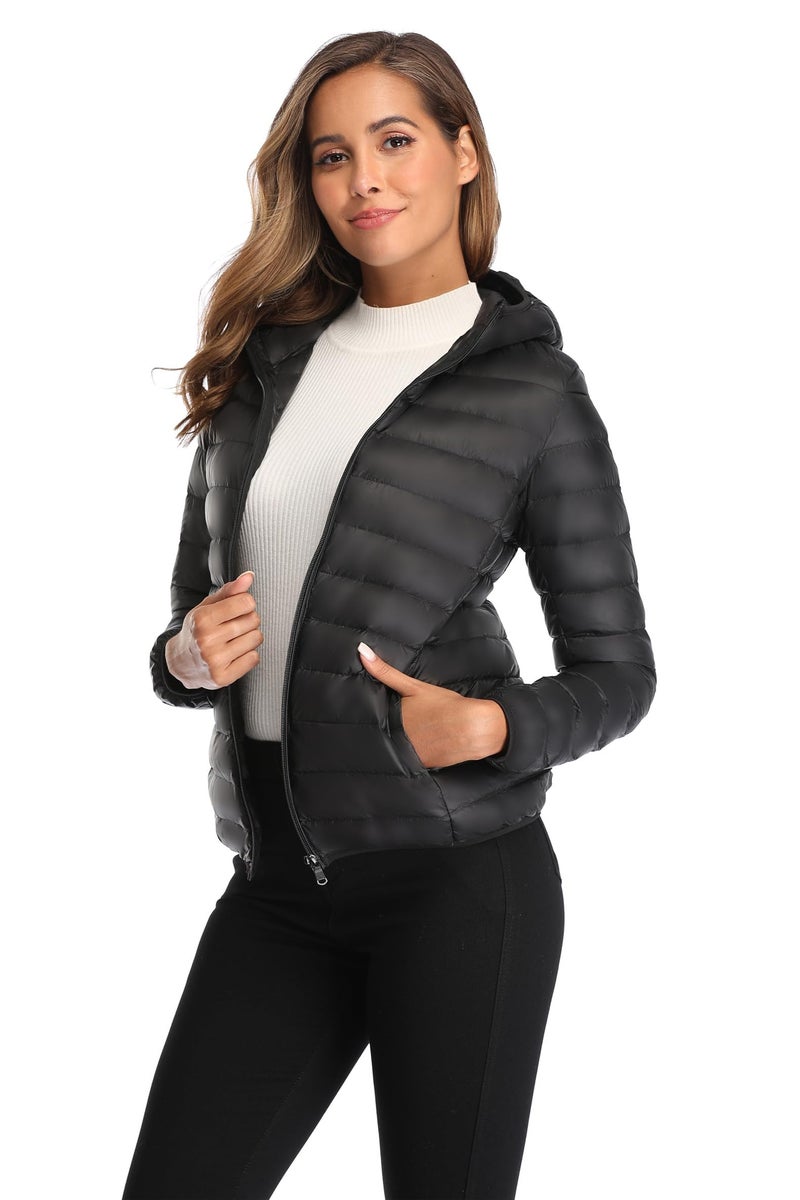 Valennia Women's Short Down Coat Packable Puffer Jacket With Hooded Winter Ultra Light Outerwear Black S - Image 2